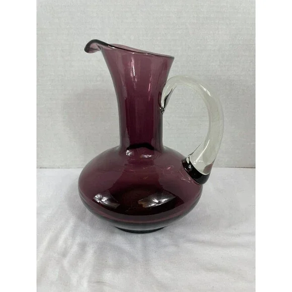 Vase Pitcher Amethyst Hand Blown Glass Pontil Purple Clear Handle 7.5" Tall MCM - Picture 1 of 16